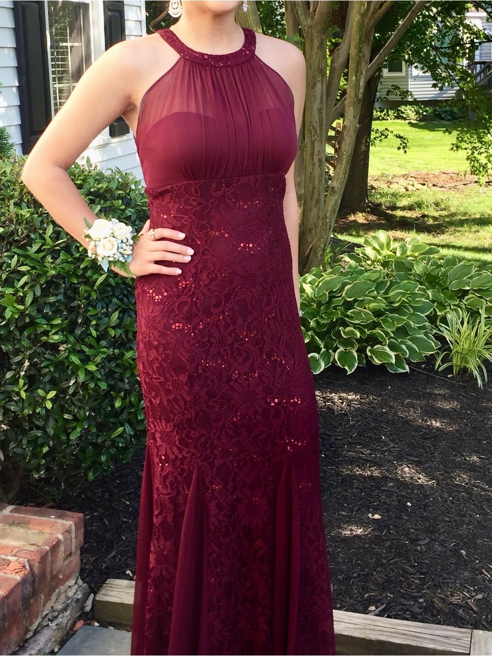 Halter Neck Burgundy Lace Chiffon Gown - XS